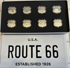 SET ( 8 ) “ICONS OF ROUTE 66”  1 OZ .999 FINE SILVER SHIELDS IN COLLECTIBLE TIN