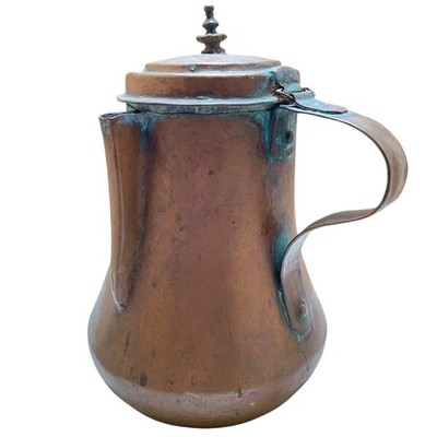 Antique Copper Coffee Pot With Hinged Lid & Ornate Finial - Rustic Patina Decor