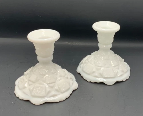 Pair of Vintage Westmoreland Milk Glass Candlestick Holders Old Quilt Pattern
