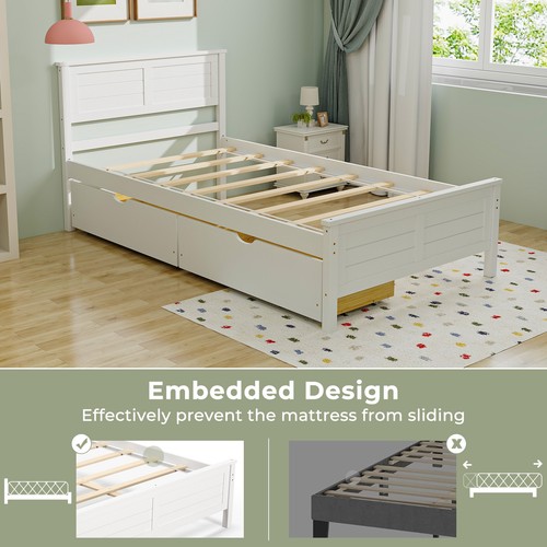 Twin Size Wooden Bed Frame with 2 Storage Drawers & Under-bed Storage White - Picture 10 of 11