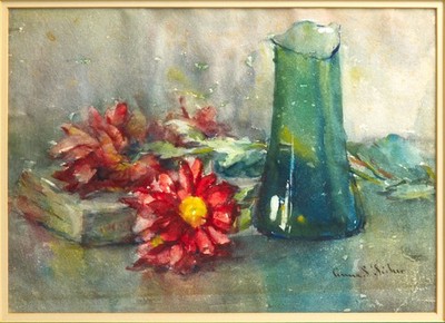 Anna S. Fisher Original Watercolor Still Life Red Flowers Signed Antique NY