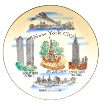 VINTAGE NY CITY SKYLINE CERAMIC 7.5'' SOUVENIR PLATE ORIGINAL TWIN TOWERS