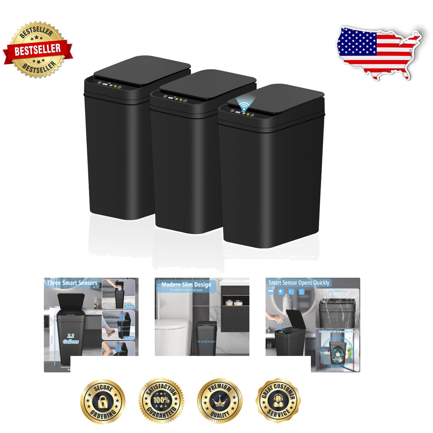 Compact & Waterproof 2.2 Gallon Trash Cans with Motion Sensor - 3-Pack Black