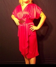 Vintage Magenta Pink Draped Plunge Neck Cinched Waist Belted Party Dress