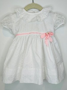 VTG SYLVIA WHITE COTTON EYELET  PINK RIBBON ROSEBUD PRAIRIE DRESS*BABY 12-18 MOS