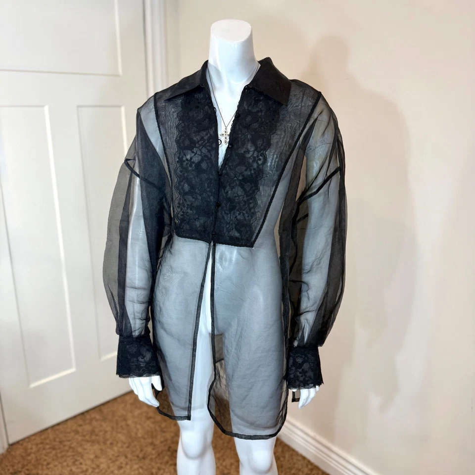 Vintage 90’s OVERSIZED ORGANZA SHIRT w LACE Black Sheer Goth Grunge Button Down - Image 2 of 4