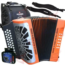 Hohner Compadre GCF Sol Diatonic Accordion Orange + Bag, Strap, 3pk Harmonica