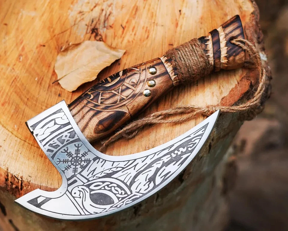 Hacha cortadora de pizza vikinga hecha a mano con funda de cuero, cortadora de acero al carbono Chef Foto 2 de 4