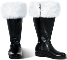 Christmas Santa Claus Boots Wide Cowhide Cuffs Black Boot with White Plush Trim
