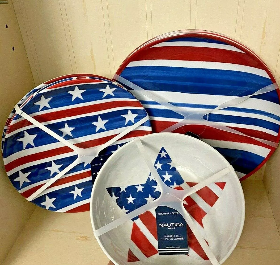 Patriotic 4th July Red Round S/ 4 Nautica Home Melamine Dinner Plates