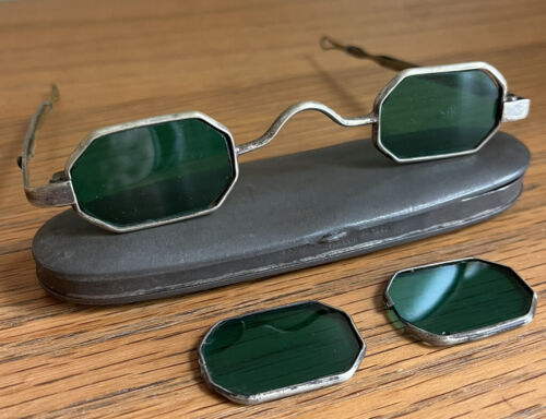 Antique Victorian 4 Green Lens Sliding Temple Sunglasses W/Case 1860 C. Parker - 第 1/8 張圖片