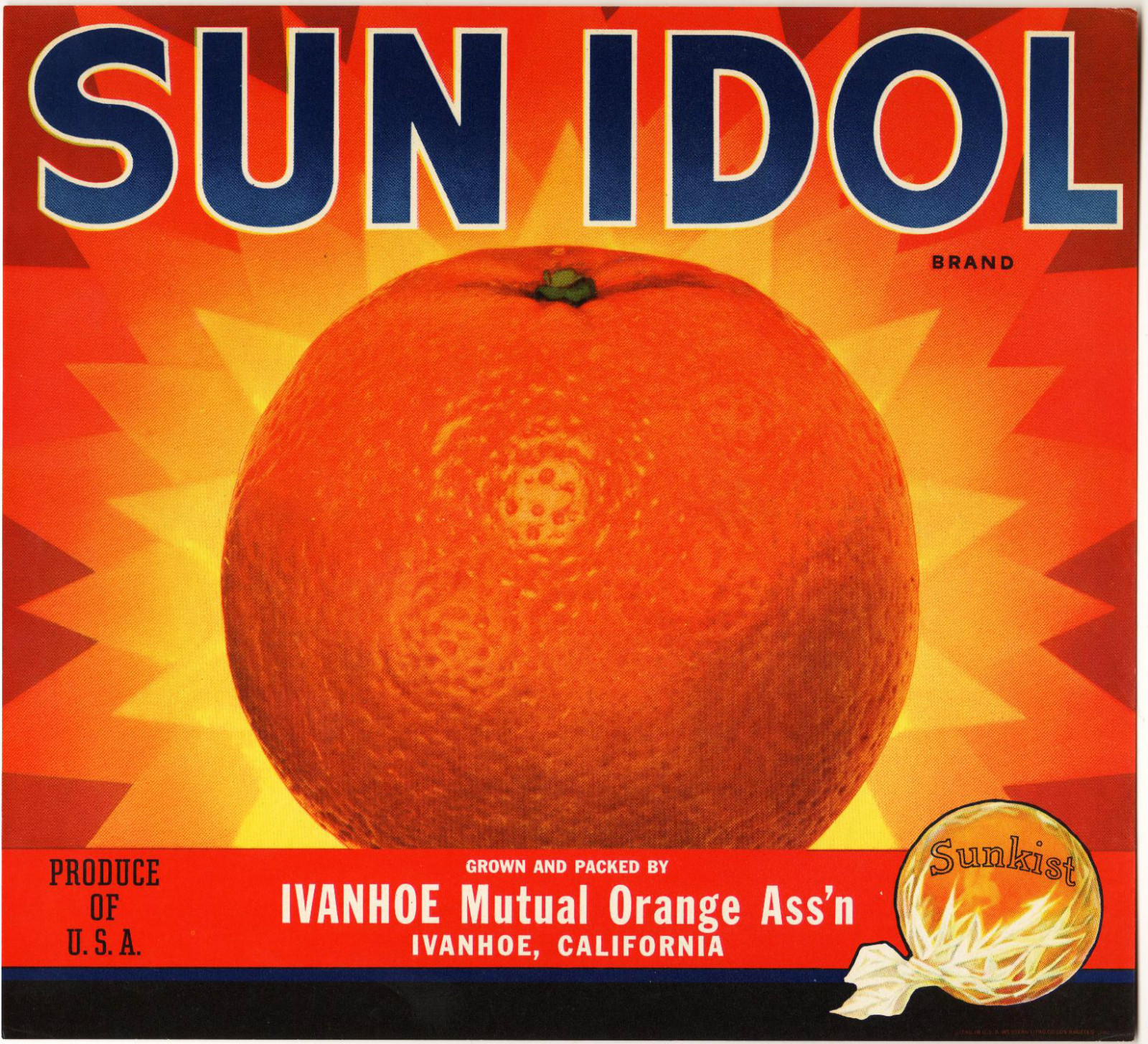 *Original* SUN IDOL Sunrays IVANHOE Wrapped Orange Crate Label NOT A COPY!