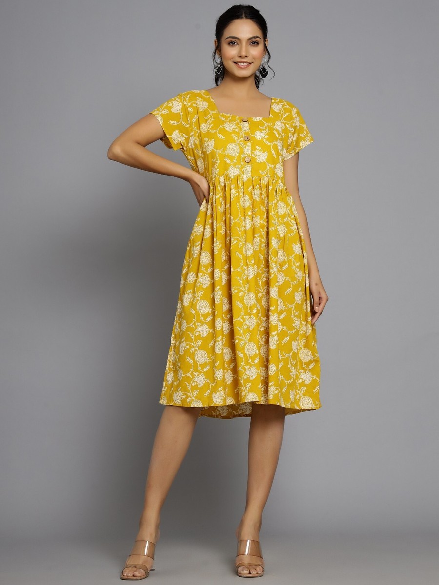 Women's Short Sleeve Cotton Mini Dress Indian Handmade Printed