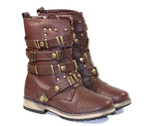 ALISIA-03K New Zipper Kids Youth Bluckle Combat Low Heel Girls/' Boots Brown 10