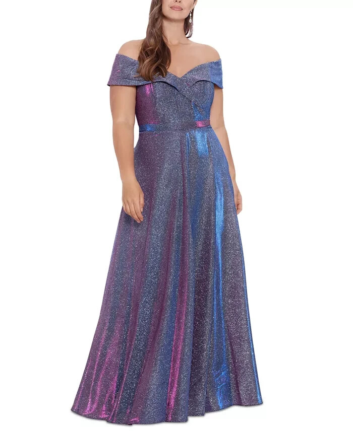 XSCAPE Plus Size Off-the-Shoulder Glitter Gown Womens 20W Multi