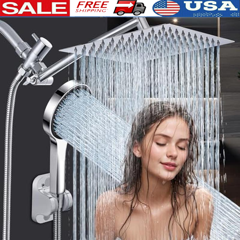 10 In Shower Head Handheld Spray Combo Adjustable Extension Hose Stainless Steel