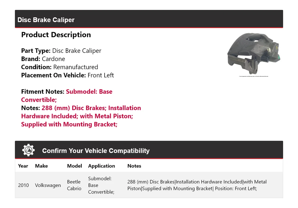 Pinza de freno convertible base convertible para Volkswagen Beetle Cabrio 2010 Fr izquierda Cardone Foto 2 de 4