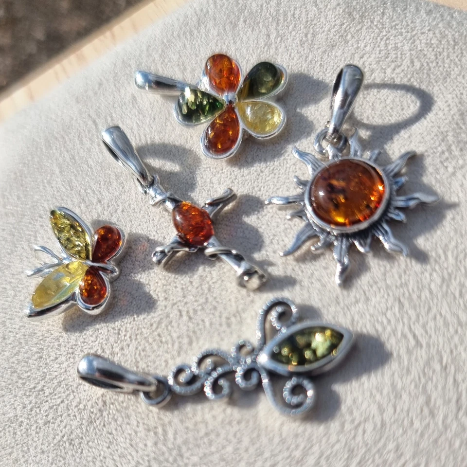 Lotto 5 Ambra Baltica & 925 Massiccio Sterling Argento Sterling Pendente - Immagine 3 di 4