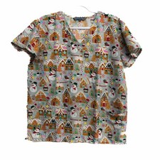 Serene Uniform Women Gray Polyester Pullover ScrubTop Christmas Snowman Winter L