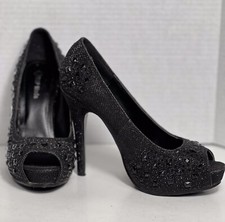 Top Moda Mango 24 Black Glitter Rhinestone Peep Toe Platform Heels Stilettos 5.5