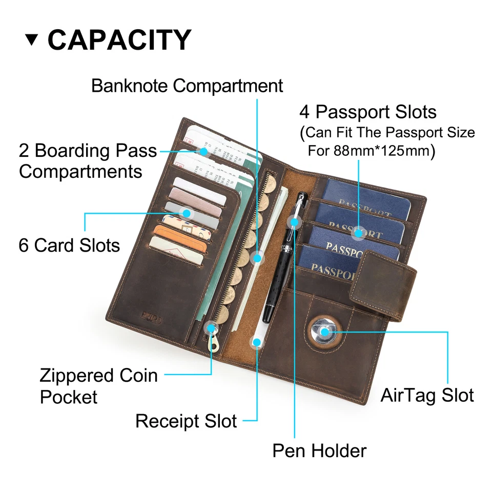 Leather RFID 4 Passport Holder Travel Wallet With AirTag Card Slot Family Travel - Image 2 of 4