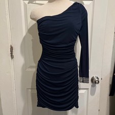 One Shoulder Bodycon Ruched Cutout Bedazzled Mini Dress