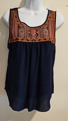 BCX Size Large Sleeveless Top Dark Blue Embroidered Bodice Chiffon BoHo Blouse