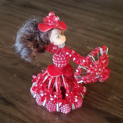 Vintage HANDCRAFTED IN U.S. SAFETY PIN AND RED BEADS Brunette Doll with Parasol