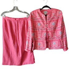 Vintage Adrianna Papell 100% Silk Skirt Suit Set 12 Pink Floral Designer Modest