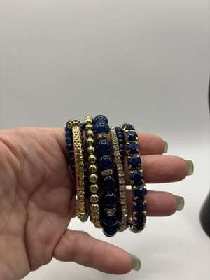  Navy Blue Beaded Stretch Bracelet Stack & Translucent Resin Ring Y2K Bundle Set