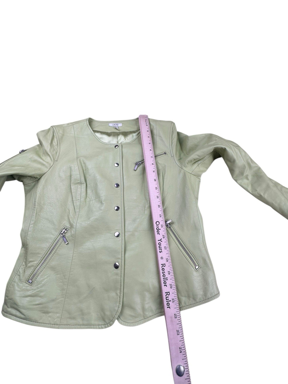 Cache Green Leather Jacket Snap Front Zip Pockets… - image 4