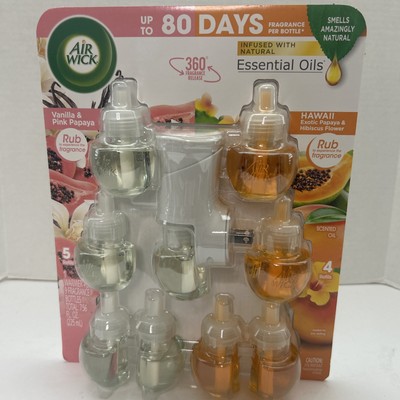 Airwick Essential Oils Air Freshener, 1 Unit & 9 Refills (Pink Vanilla & Hawaii)