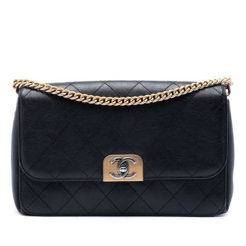 Chanel Medium Quilted Calfskin Straight Lined Flap Pre-Loved Crossbody Bag Black