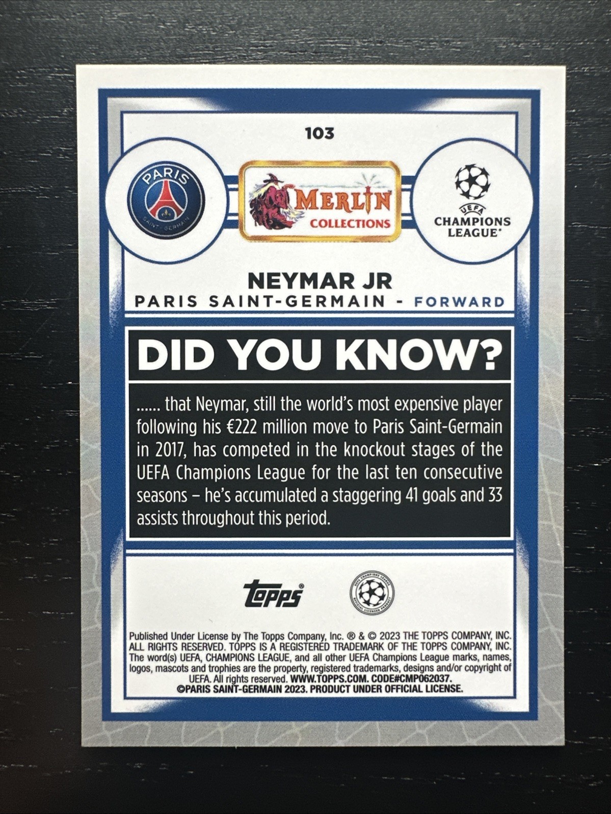 2022-23 Topps Merlin UEFA Club Competitions - Neymar Jr #103 view 2