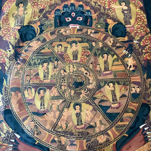 Hand-Painted Tibetan Thangka Wheel of Life Bhavachakra, 12x15 Canvas Gold Detail