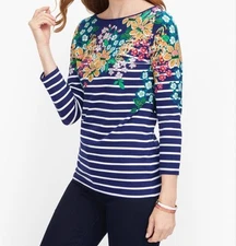 TALBOTS  Women’s COTTON BATEAU NECK TEE CULTIVATED GARDEN Floral 3/4 Sleeve SzMP