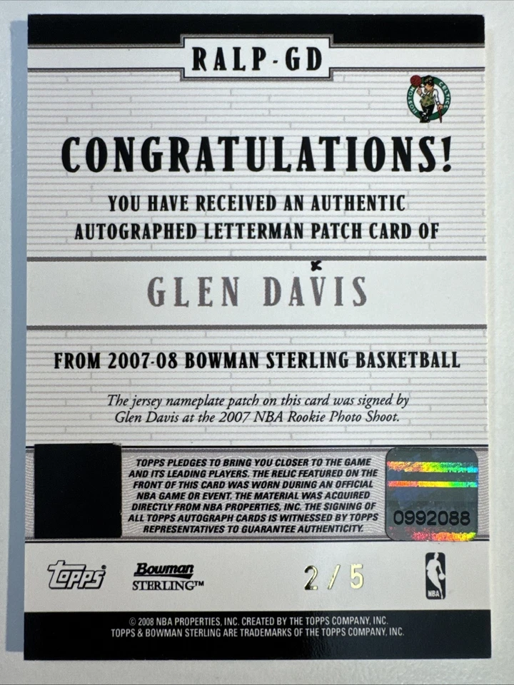 Parche autógrafo Bowman Sterling Glen Davis Letterman 2007-08 #/5 #RALP-GD Foto 2 de 2