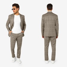 Men Coffee Check Suit Single Breasted Jacket Notch Lapel Business Wedding