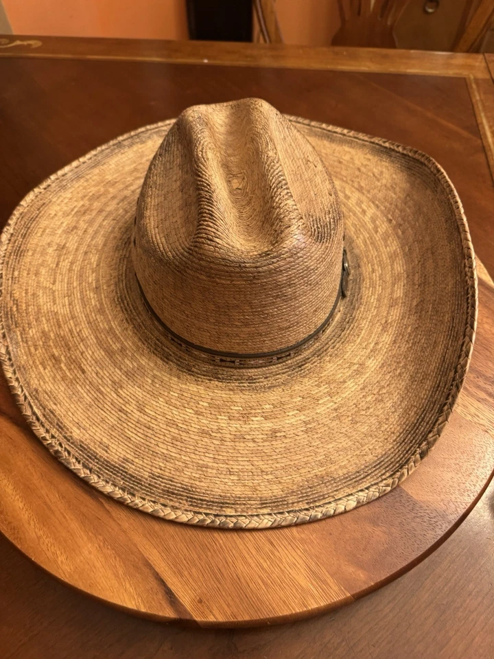 Sombrero de Paja Duro Justin Bent Rail Vaquero Western Talla 7 1/4 Banda de Cuero Tostado Foto 3 de 4