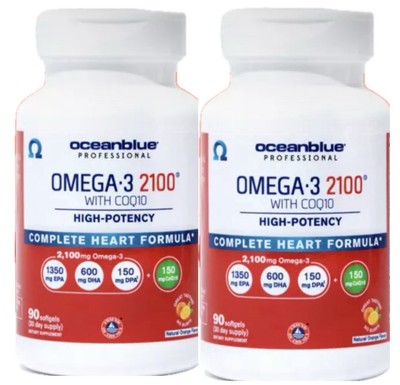 2 BottlesOceanblue Omega 3 2100+COQ10,Natural Orange F, 90 Softgels EXP:08/27