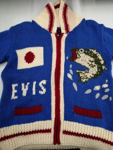 EVISU Black Bass Lure Pattern Cowichan Sweater Size 40 Vintage Knit image 2