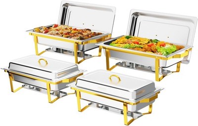 ROVSUNChafingDishes4Pack 9QT Gold Silver Rolled Edge with Frame for Buffet Party
