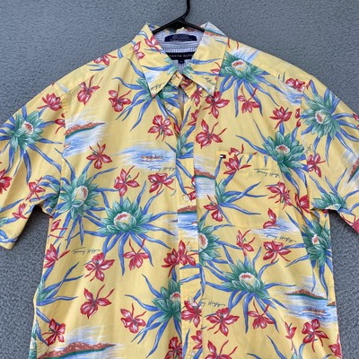Tommy Hilfiger Shirt Mens Large Vintage Hawaiian Aloha Yellow 