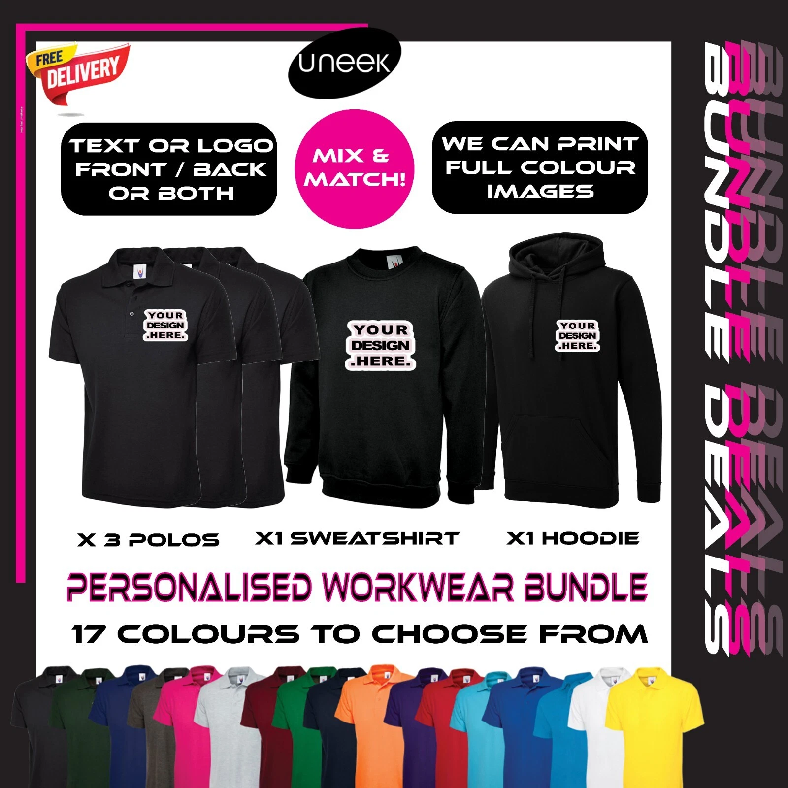 PERSONALISED WORKWEAR BUNDLE CUSTOM PRINTED POLO SWEATSHIRT HOODIE UNISEX