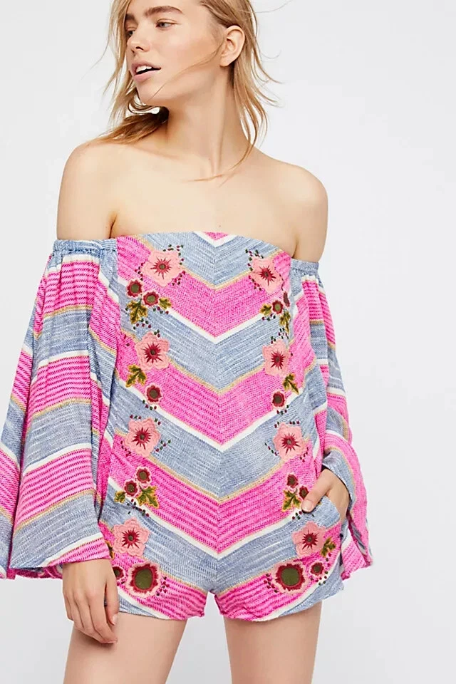 Macacão Free People Shanti listrado floral bordado fora do ombro XS - Imagem 3 de 4