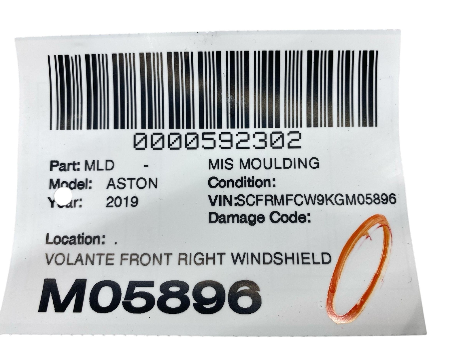 2017-2023 ASTON MARTIN DB11 VOLANTE FRONT RH WINDSHIELD A PILLAR PANEL *SCRATCH*