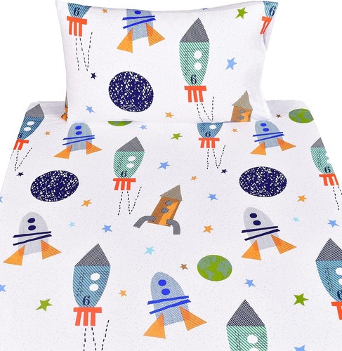 Cotton Twin Bed Sheet Set with Cartoon Rocket Design - Space Adventure Theme - Picture 5 of 6