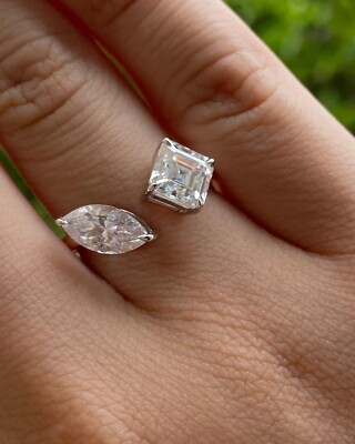 Dainty 3.20Ct Marquise/Asscher Cut Moissanite Two Stone 925 Sterling Silver Ring
