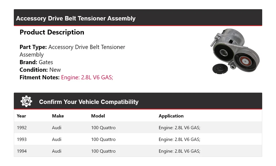 Para Audi 100 Quattro 1992-1994 2,8 L V6 correa de transmisión tensor puertas de montaje Foto 2 de 4