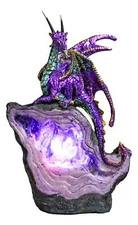 Metallic Purple Midnight Dragon On LED Light Faux Geode Crystal Rock Figurine